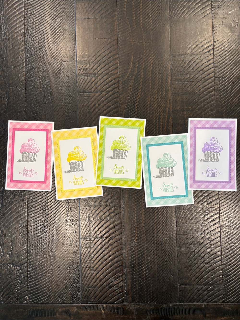 Set of 5 Pastel Rainbow Cupcake Gingham Cards